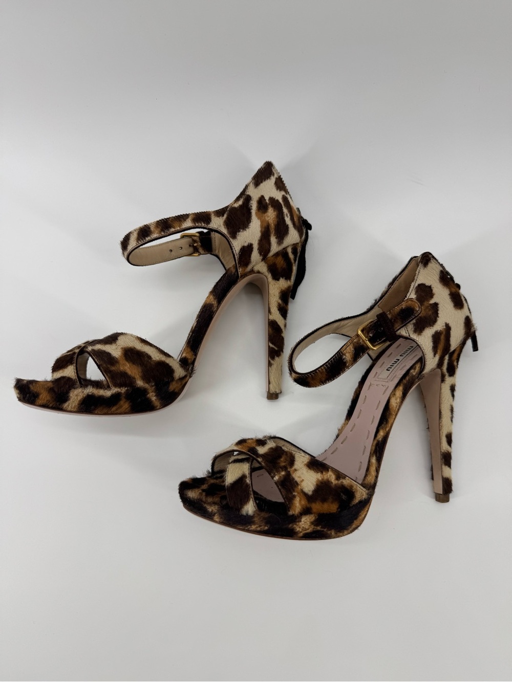 Miu Miu Leopard Print Calf Hair Crisscross Ankle Strap Heels Sz37.5 Authenticate - Picture 2 of 10